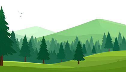 A drone flies over a verdant forest, rolling hills, and a backdrop of green mountains under a dark sky