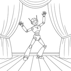 Happy robot character performs on a theatrical stage, a delightful black and white line art illustration perfect for children's coloring books, promoting creativity and imaginative play