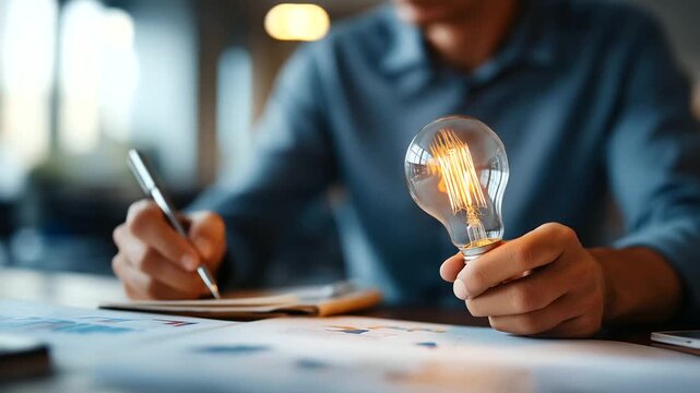 Faceless researcher reviewing behavioral data with lightbulb motivation insight creative consumer psychology digital marketing strategy analytics defocused behind with copy spa