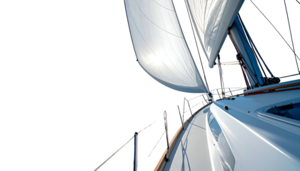 Yacht sailing, sunlit white sails billowing with the wind against a black background