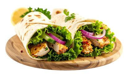 Two delicious wraps filled with grilled chicken, lettuce, onion, and cucumber on a wooden board