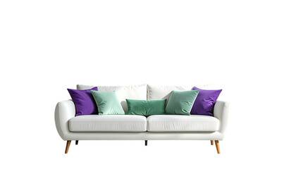 White, modern sofa with colorful throw pillows, set against a dark, empty background