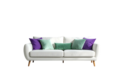 White, modern sofa with colorful throw pillows, set against a dark, empty background