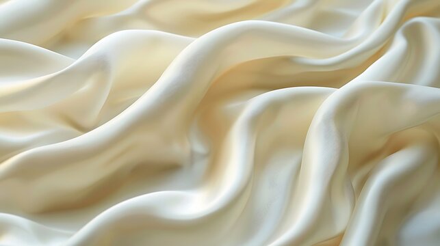 Close up of flowing cream colored fabric with soft folds and smooth texture creating a gentle wave pattern