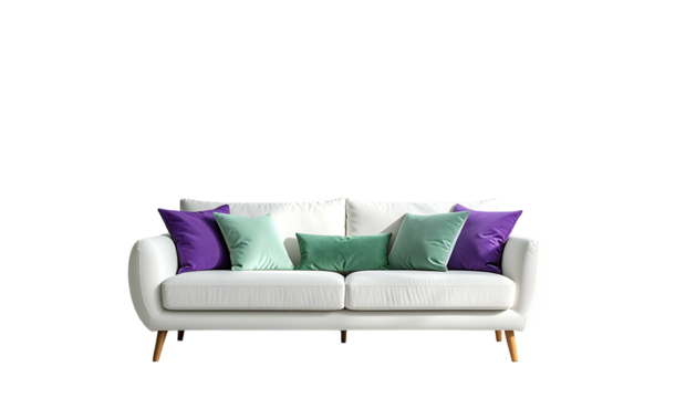 White, modern sofa with colorful throw pillows, set against a dark, empty background