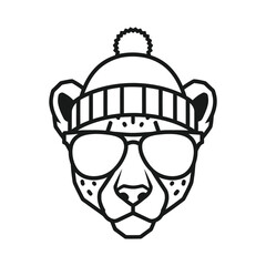 silhouette cheetah head with winter hat and sunglasses Vector illustration design