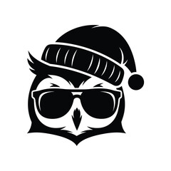  silhouette Christmas Owl head with winter hat and sunglasses Vector illustration design