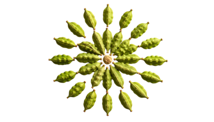 Seed pods arranged in a circular pattern, radiating from a central point, black backdrop
