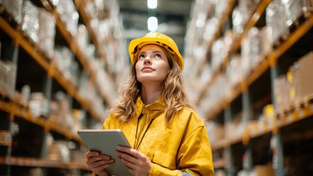 Professional female worker wearing hard hat examines inventory in warehouse while holding a tablet during the day - Powered by Adobe