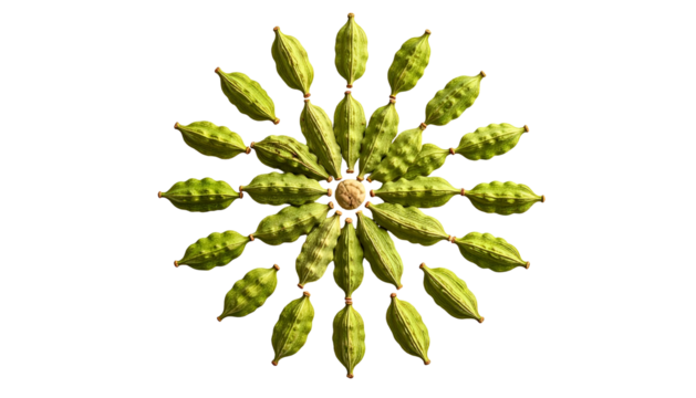 Seed pods arranged in a circular pattern, radiating from a central point, black backdrop