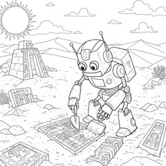 A diligent robot archaeologist meticulously unearths ancient relics from a sandy desert, revealing forgotten secrets near weathered pyramid ruins under a bright sun, a captivating discovery scene