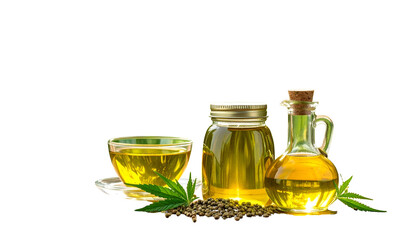 A glass teacup, a jar, & a bottle of golden liquid with seeds & leaves