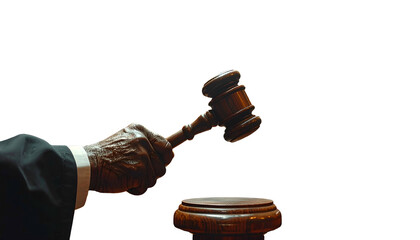 Hand of judge in robes holding a gavel, poised to strike a judgment