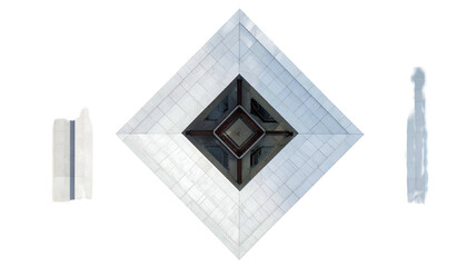 Aerial view of diamond-shaped rooftop with adjacent architectural elements against black