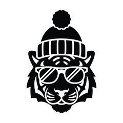 Tiger head with winter hat and sunglasses Vector illustration design