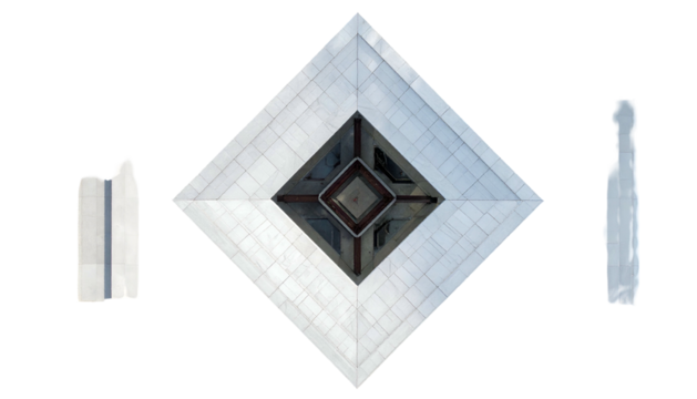 Aerial view of diamond-shaped rooftop with adjacent architectural elements against black - Powered by Adobe