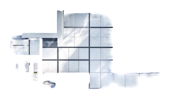 Overhead view of a tiled, modern space with a sharp-angled design, shadows