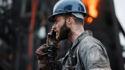 Worker in oil industry communicates on phone during harsh conditions at an oil site, showcasing dedication and teamwork on a challenging day