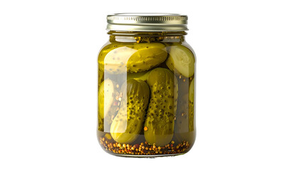 A clear jar filled with vibrant green pickles and mustard seeds in a brine solution