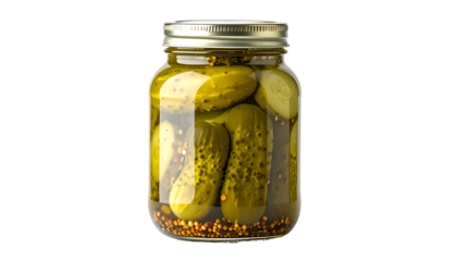 A clear jar filled with vibrant green pickles and mustard seeds in a brine solution