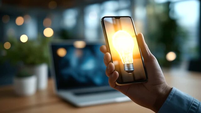 Hand holding smartphone with app interface and lightbulb feature innovation creative mobile UX digital app marketing user experience design laptop defocused background face