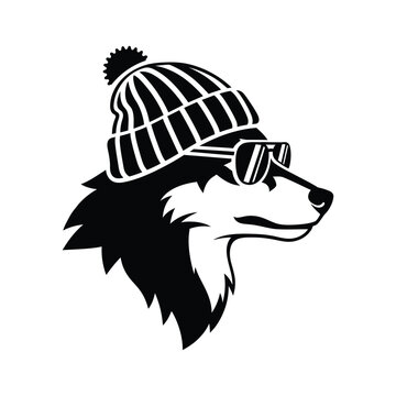Wolf head with winter hat and sunglasses Vector illustration design 