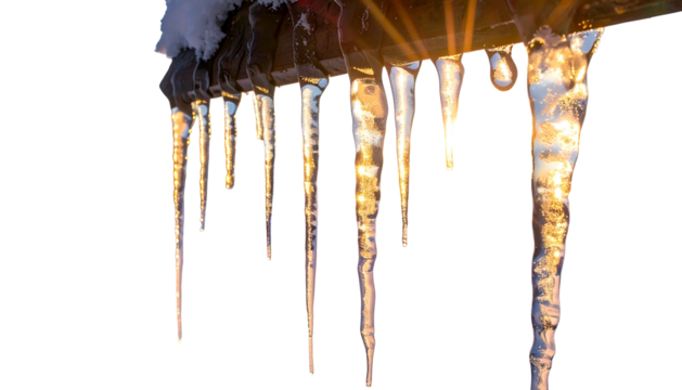 Long, translucent icicles hang from a roofline against a bright, warm-toned background