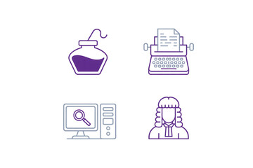 Vintage to modern legal research and writing icons showing inkwell, typewriter, computer, and barrister wig for law and justice themes.