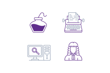 Vintage to modern legal research and writing icons showing inkwell, typewriter, computer, and barrister wig for law and justice themes.