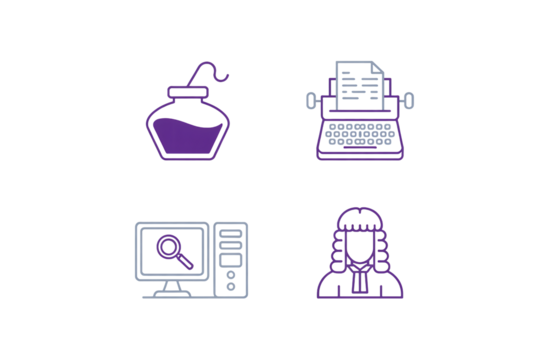 Vintage to modern legal research and writing icons showing inkwell, typewriter, computer, and barrister wig for law and justice themes.