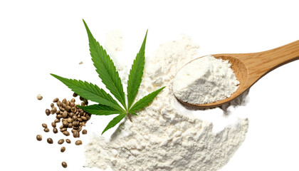 Hemp leaf, seeds, flour, and wooden spoon composition against a transparent backdrop