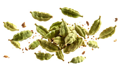 Overhead view of vibrant green cardamom pods and loose seeds on a black background