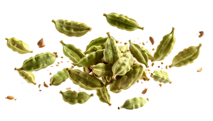 Overhead view of vibrant green cardamom pods and loose seeds on a black background