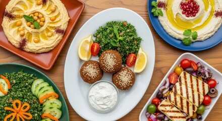A vibrant spread of middle eastern cuisine featuring hummus, falafel, tabbouleh, and grilled halloumi