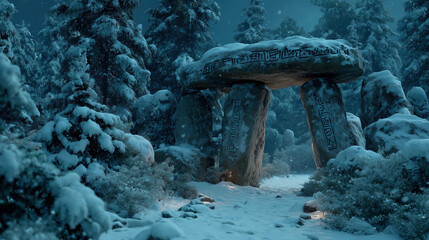 Magical stone archway in a winter forest surrounded by snow and enchanting trees under a starry night sky