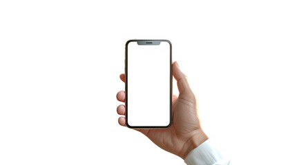 Hand holding a modern phone with a blank white screen against a black background