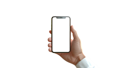 Hand holding a modern phone with a blank white screen against a black background