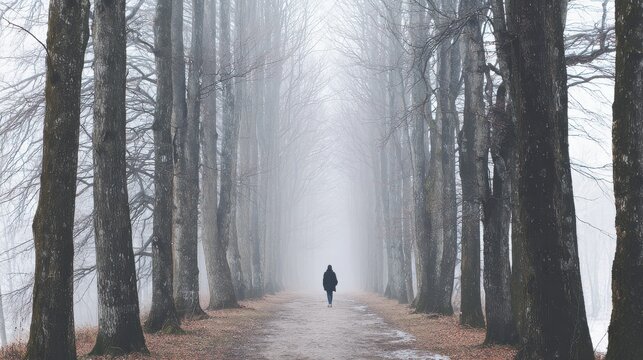 Misty Forest Path With Lone Figure Walking Among Tall Trees. Solitude And Tranquility In Nature - Powered by Adobe