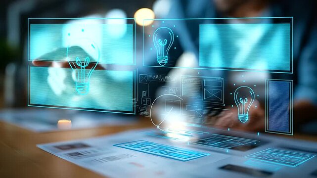 Hand pointing at website wireframe with lightbulb icon marking creative UX improvements digital optimization user experience strategy design mockups visible face not shown def