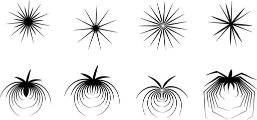 Abstract radial burst shapes with spiky lines radiating outward on transparent background