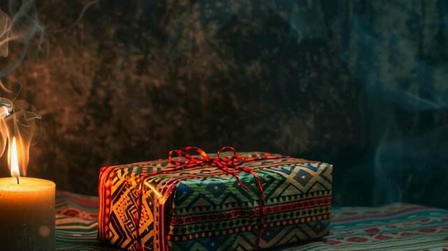 Kwanzaa celebration. Candlelight glows beside decorated gift box on patterned fabric table. New Year, Christmas
