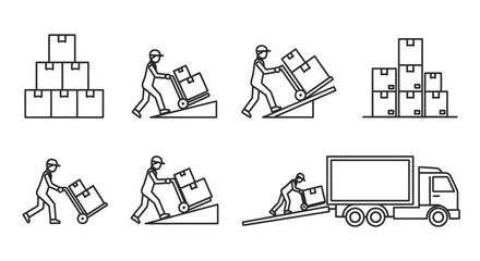Line art illustration depicting workers moving cardboard boxes with ramps and a truck