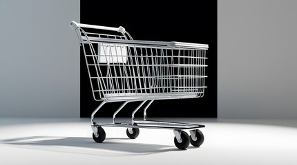 Studio Shot of a Modern White Metallic Supermarket Cart with High Contrast Lighting