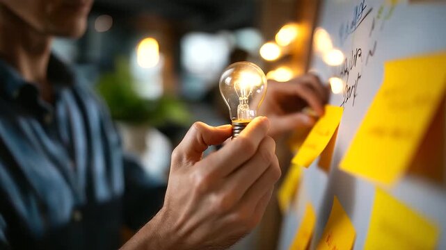 Hands brainstorming on whiteboard with lightbulb campaign concept sketch creative strategy session digital marketing ideation sticky notes visible face not shown defocused