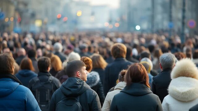 Large crowd of anonymous individuals walking together in an urban setting during late afternoon with blurred details creating a sense of movement and collective energy