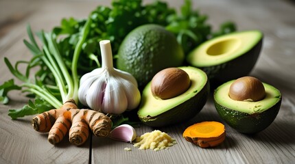 Top-Down View of Healthy Green Vegetables and Superfoods in Soft Daylight