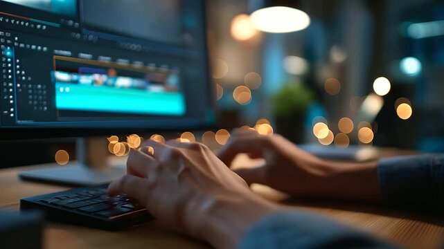 Hands editing video clips on timeline with lightbulb creative transitions marked digital storytelling marketing video production editing interface visible face not shown creat