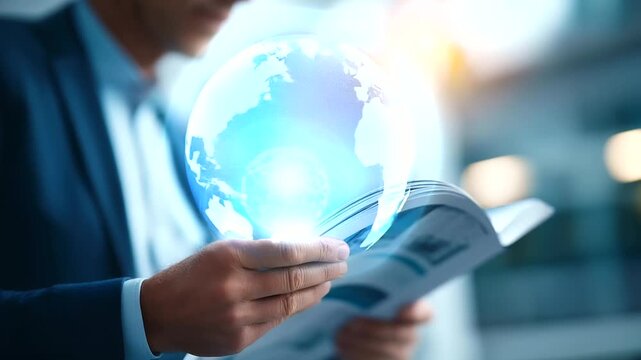 Hands holding brand guidelines book with lightbulb consistency concept hologram creative identity system digital branding standards marketing materials defocused face