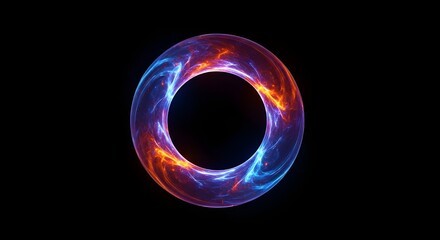 Abstract glowing torus shape with vibrant blue and orange energy swirls against a stark black background representing cosmic phenomena