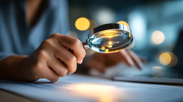 Hands holding magnifying glass over spreadsheet with lightbulb hidden insight revealed creative data mining digital analysis discovery laptop defocused face not shown with cop